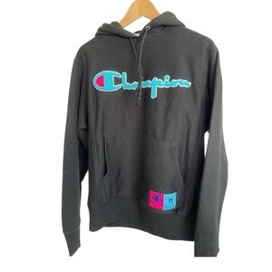 Champion Men’s Black Hoodie with Blue Logo size small